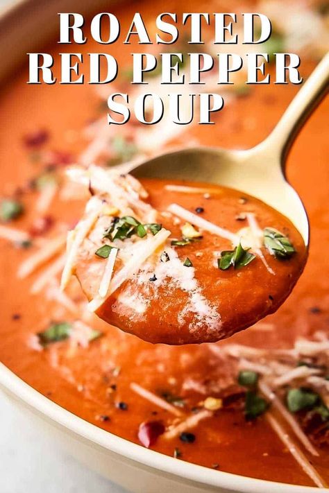 With a blend of creamy, smoky, and vibrant flavors, this Roasted Red Pepper Soup is the ideal way to warm yourself up on a chilly fall day! It’s healthy and filling and so easy to make right in your own kitchen. Serve your soup with your favorite garnishes like croutons, cream, and Parmesan to customize to your liking. This is a quick, easy, and delicious dinner the whole family will love! #redpeppersoup #roastedredpeppersoup #redpepperrecipes #peppersoup #dizzybusyandhungry Slow Cook Roast, Roasted Pepper Soup, Roasted Red Pepper Soup, Red Pepper Soup, Garlic Soup, Pepper Soup, Good Roasts, Sprout Recipes, Tomato Soup Recipes