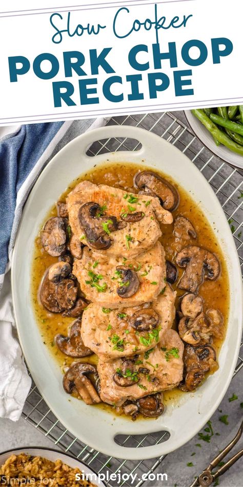 Crock Pot Pork Chops are such an easy and delicious dinner. This low carb dinner has only 10 minutes hands on time and your slow cooker does the rest! Low Carb Crockpot Pork Chop Recipes, Dairy Free Crockpot Pork Chops, Crock Pot Keto Pork Chops, Low Carb Pork Chops In The Crock Pot, Low Carb Crockpot Pork Chops, Pork Chops In The Crock Pot Low Carb, Keto Pork Chop Recipes Crock Pot, Ww Pork Chop Recipes, Keto Smothered Pork Chops Crock Pot