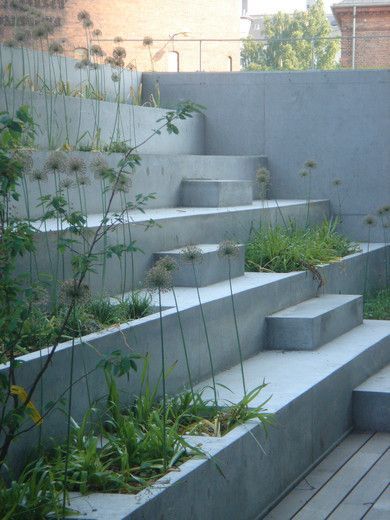 This is like something out of a dream... what a beautiful way to incorporate a garden into your modern zen reality... marianne_levinsen_CBS_campuslan_11: Plant Stairs Outdoor, Cement Wall Ideas Outdoor, Terrace Steps, Concrete Seating, Stairs Outdoor, Wall Gardens, Moderne Have, Landscape Stairs, Concrete Retaining Walls