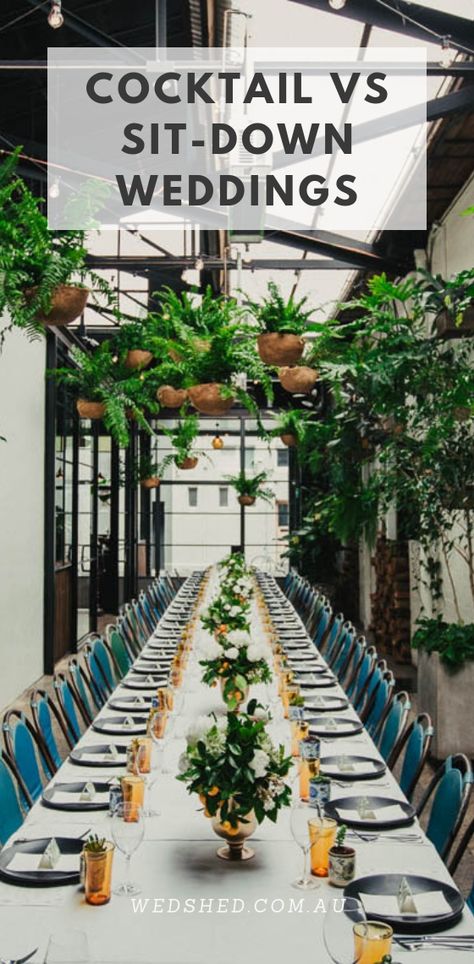 Over the past few years there’s also been a boom in cocktail-style weddings, where canapé service, picnics, gourmet BBQs and/or grazing tables feed guests, and mingling is king. Here we share tips and considerations to help you make the choice between cocktail and sit-down celebrations: https://bit.ly/318zxnV #cocktailwedding #sitdownwedding #formalwedding Cocktail Dinner Wedding Reception, Unique Wedding Reception Seating, Non Sit Down Wedding Reception, Canape Wedding Reception, 40 Person Wedding Seating, Cocktail Party Reception, Cocktail Style Wedding Reception Layout, Cocktail Wedding Reception Decorations, Cocktail Wedding Reception Set Up