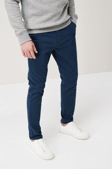 Dark Blue Skinny Fit Stretch Chino Trousers Blue Pants Outfit Men, Blue Chinos Men, Chinos Men Outfit, Trousers Outfit Men, Blue Pants Outfit, Blue Pants Men, Dark Blue Pants, Navy Blue Chinos, Navy Chinos