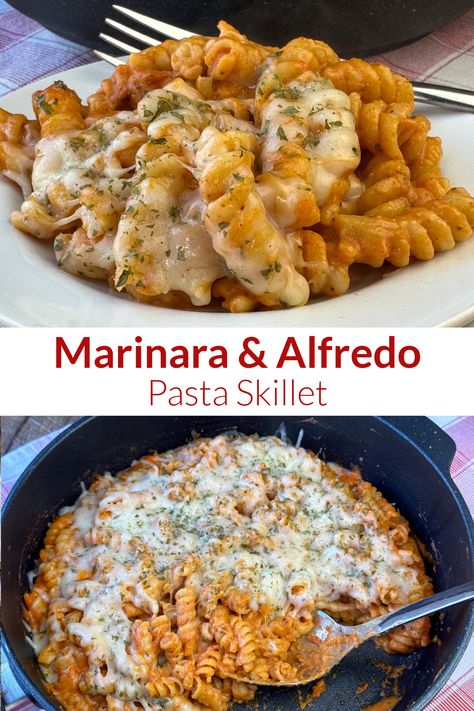 Collage of plate and skillet full of pasta with alfredo and marinara sauce. Red Sauce Recipe, Pasta Marinara, Pasta With Alfredo Sauce, Marinara Recipe, Marinara Sauce Recipe, Simple Family Meals, Pasta Recipes Alfredo, Red Sauce Pasta, Chicken Alfredo Pasta