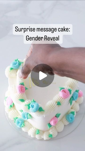 Ludy| Cakes By Ludy on Instagram: "Surprise message cake for a gender reveal. I think this can work for a small gathering or for the parents to be. How would you do a reveal? Small or grand? #genderrevealcake #cakedecoratingtutorials #caketrends #heartcake #vintageheartcake" Cake Ideas For Gender Reveal, Gender Reveal Bundt Cake, Chocolate Gender Reveal Cake, Message Cake Ideas, Gender Reveal Cake Buttercream, Small Gender Reveal Decorations, Gender Reavel Foods, Get Well Soon Cake Ideas, How To Make A Gender Reveal Cake