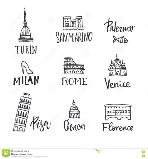 Italian Heritage Symbols | Vector illustration of main italian city symbols with unique lettering ... Italian Tattoos Symbols, Italian Doodles, Italian Lettering, Italy Tattoo Ideas, Italian Symbols, Italy Tattoo, Italian Tattoos, Travel Doodles, Culture Architecture