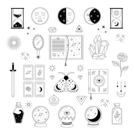 Elements Symbols, 2022 Drawing, Magical Objects, Mystic Symbols, Libra Tattoo, Witchy Art, Witch Tattoo, Element Symbols, Tattoo Flash Sheet