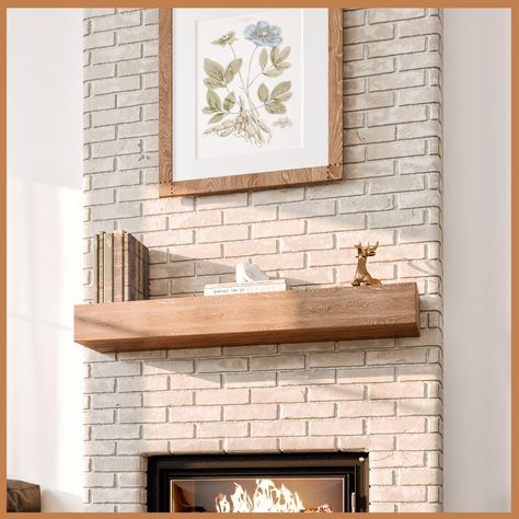 Minimalist Fireplace Mantle, Over The Fireplace Decor, Fireplace Wood Mantle, Simple Fireplace Mantel, Fireplace Mantle Ideas, Wood Mantles, Brick Fireplace Mantles, Fireplace Mantle Shelf, Floating Fireplace Mantel