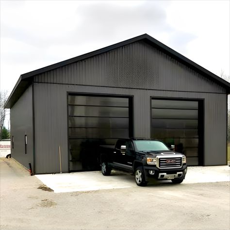 Truck Shop Garage, Modern Shop Exterior, Black Car Garage, Small House Big Garage, Black Metal Shop, Garage Barndominium, Detached Garage Designs, Black Homes, 2 Story Garage