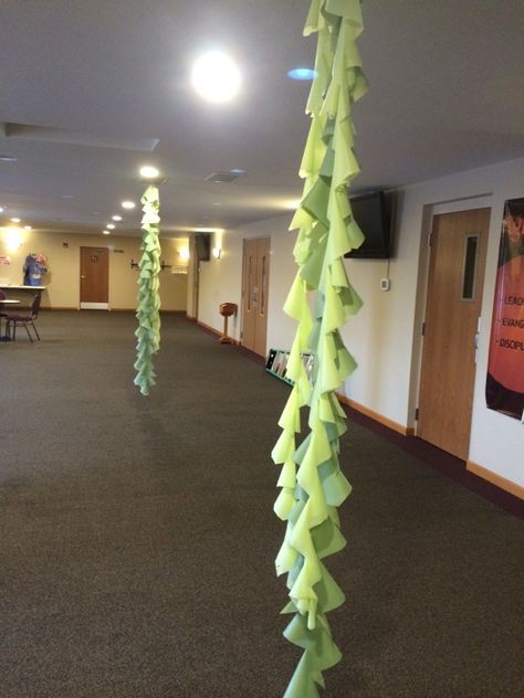 Vines/seaweed: green plastic table cloth roll...cut & suspended from ceilings. .. Deep Sea Discovery Vbs, Ocean Commotion Vbs, Submerged Vbs, Ocean Vbs, Weird Animals Vbs, Lifeway Vbs, Plastic Table Cloth, Underwater Theme, Vbs Themes