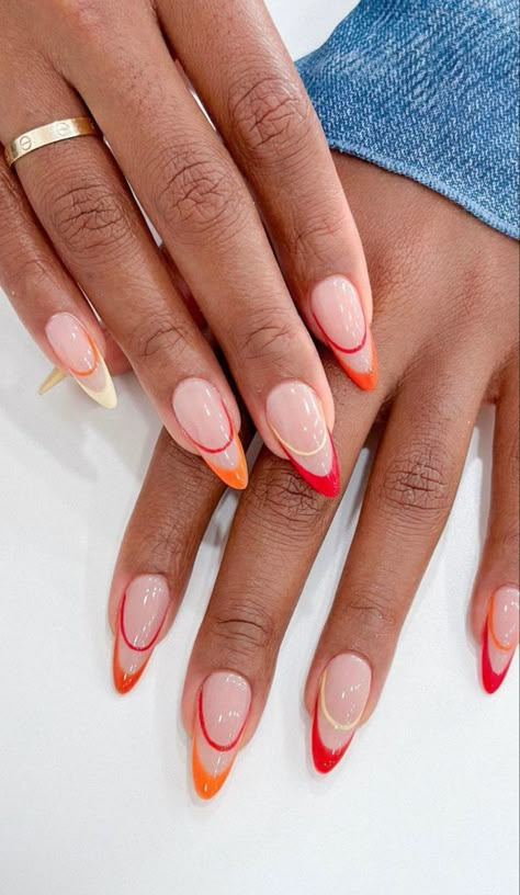 June Nails Almond Shape, Nails Inspo Summer 2024, Every Nail Different Color, Simple Summer Almond Nails, Simple Nail Designs Summer 2024 Almond, Orange Nail Designs Summer, Almond Nails Designs Summer 2024, Red Summer Nails Designs, Summer Almond Nails 2024