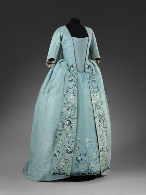 A woman's sack and petticoat, 1750s, French, altered 1780s; Blue ribbed silk, Chinese?, blue & white floral embroidered skirt robings, French; 1750s; altered 1870-1910 1750s Fashion, 1700 Dress, 1700s Dresses, Late 18th Century Fashion, 1700s Fashion, 18th Century Dresses, Georgian Fashion, Rococo Dress, 18th Century Dress