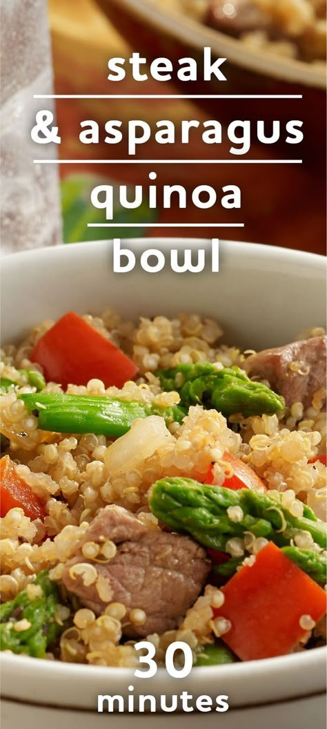 Steak and Asparagus Quinoa Bowl | Easy quinoa recipe combines cooked quinoa with tender pieces of beef, asparagus and bell pepper for a healthier main dish Steak And Quinoa Recipes, Quinoa Recipes With Meat, Steak Quinoa Bowl, Steak Quinoa, Steak And Asparagus, Curried Tofu, Asparagus Quinoa, Steak Asparagus, Advocare Cleanse