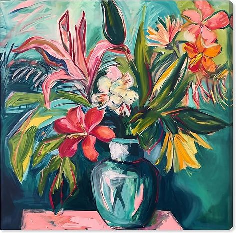 Amazon.com: Art Remedy Vase Of Bright Tropical Flowers Framed Flowers In Vase Paintings, 13.5" x 13.5", Gold Frame: Posters & Prints Framed Flowers, Flowers In Vase, White Framed Art, Black Framed Art, Black White And Gold, Fall Art, Autumn Art, Paint Ideas, Contemporary Artwork