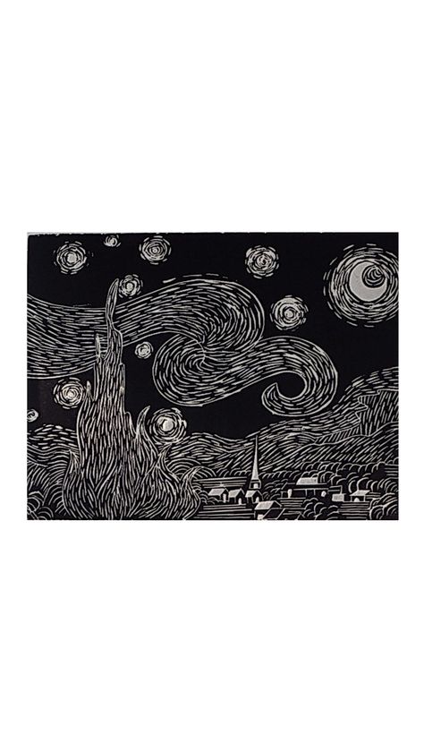 Stary Night Line Art, Starry Night Black And White, Notan Art, Mono Printing, Anime Canvas Painting, Starry Night Painting, Woodcut Print, School Images, Black Paper Drawing