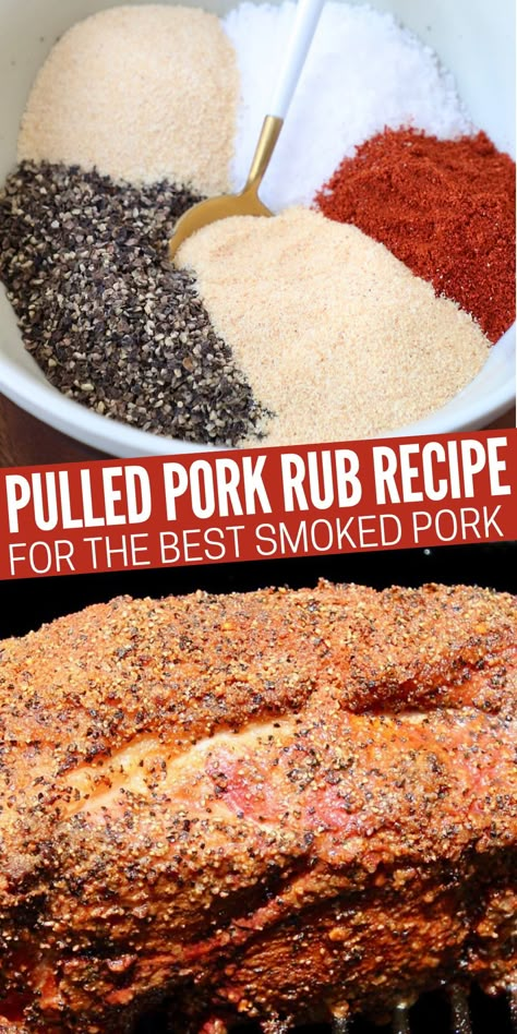 spices in bowl with spoon next to a seasoned pork shoulder on a smoker Smoked Pork Rub Recipe, Pulled Pork Rub Recipe Smokers, Pork Rub Recipe Smokers, Smoked Pork Roast Recipes Smokers, Pulled Pork Crock Pot Recipes Dry Rub, Best Pulled Pork Rub, Seasoning For Pulled Pork, Pork Rub For Pulled Pork, Pulled Pork Dry Rub Crockpot