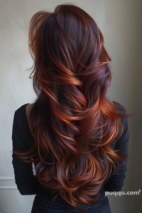 Fire Hair Balayage, Hair Color Ideas For Brunettes With Purple Highlights, Multi Dimensional Dramatic Hair, Red Color On Brown Hair, Ombre Hair Color Red, Hair Color Trends 2024 Summer, Brown Red Ombre Hair, Hair Colors For Latinas, Hair Colour For Curly Hair