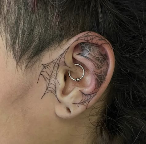 Cobweb Ear Tattoo, Inner Ear Tattoos For Men, Grunge Neck Tattoo, Spiderweb Ear Tattoo, Sideburn Tattoos, In Front Of Ear Tattoo, Side Face Tattoo, Ear Tattoos For Men, Under Chin Tattoo