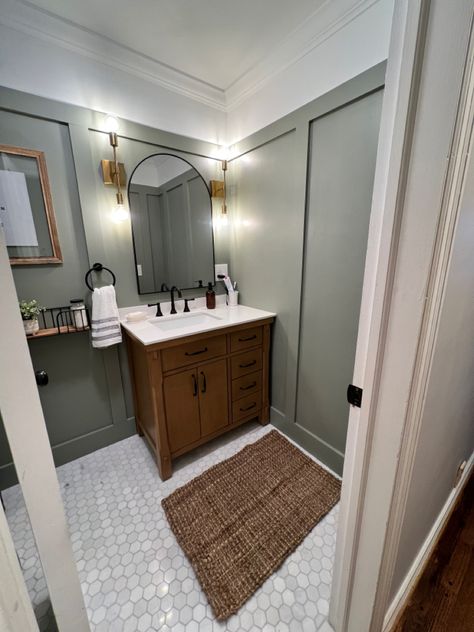 Green Bathroom Wall Colors, Evergreen Fog Powder Bath, Saw Evergreen Fog, Paint Colors For Small Dark Bathrooms, Green Bathroom Shiplap, Half Bathroom Painted Vanity, Every Green Fog Bathroom, Transitional Bathroom Paint Colors, Green Bathroom Farmhouse