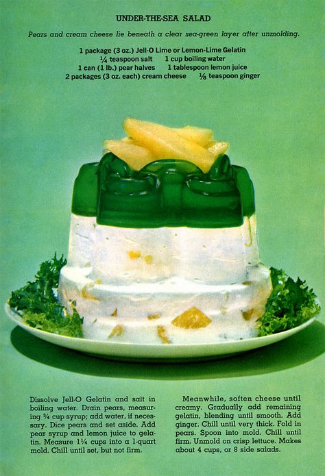 Under-the-sea jell-o salad recipe (1963) Jello Mold Recipes, Canned Pears, Resep Salad, Jello Desserts, Jello Salad, Handwritten Recipes, Jello Recipes, Jell O, Soften Cream Cheese