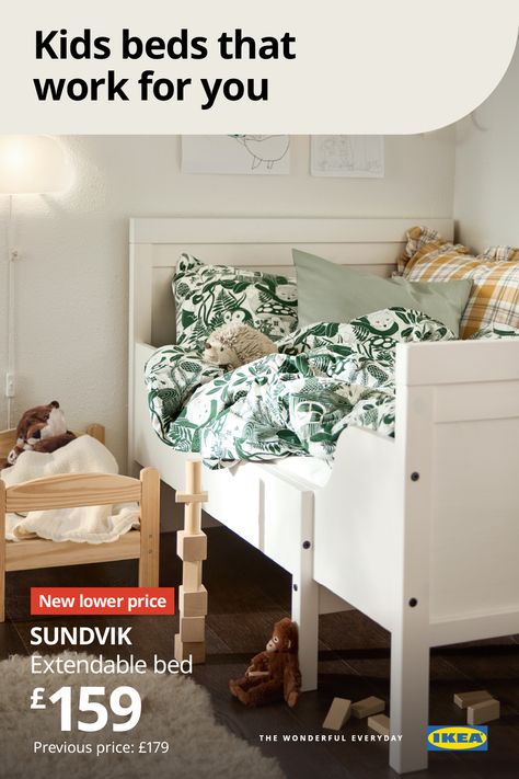 They might be outgrowing their clothes, but with the SUNDVIK extendable bed, they can sleep soundly a little longer. Ikea Ads, Extendable Bed, Ikea Ad, Cabin Bunk Beds, Toddler Beds, Kids Beds, Kids Bed, Kids Bedrooms, Kids' Bed