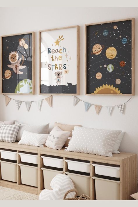 Introducing our "Reach the Stars" Space Nursery Print Set of 3 - the perfect addition to inspire dreams and imagination in your little one's cosmic sanctuary. 🌌 Watch as their eyes light up with fascination and joy, igniting a lifelong passion for the mysteries of the universe. Order this enchanting set today and embark on an intergalactic journey of dreams and imagination. Print Out Wall Art Nursery, Rainbow Girls Room, Navy Blue Nursery, Boho Rainbow Nursery, Safari Animal Wall Art, Navy Nursery, Baby Deco, Nursery Boy, Nursery Prints Boy