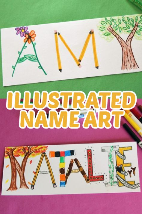 Name Craft Elementary, Name Art Elementary School, Name Art Primary, Illustrated Name Art, Language Arts Art Projects, Name Designs Letters Art Projects, Year 5 Art Lessons, Elementary Name Art Project, Student Name Art