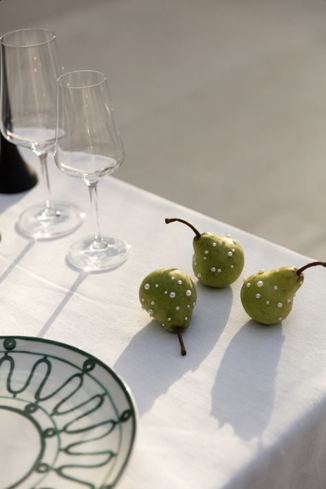 A moment for the tablescape details. Pearled pears basking in the early evening sunlight Pear Table Decor, Pear Wedding Decor, Pear Themed Wedding, Cute Table Setting, Pear Themed Party, Pearl Tablescape, Grape Tablescape, Pear Tablescape, Wedding Table Food