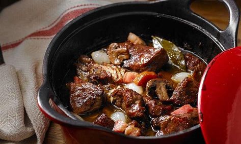 This rich and hearty pork bourguignon is definitely worth the wait! Pork Bourguignon, Bone In Pork Roast, Recipes Using Pork, Pork Entrees, Main Dish Casseroles, Pork Shoulder Roast, Chop Recipes, Soup And Stew, Pork Chop