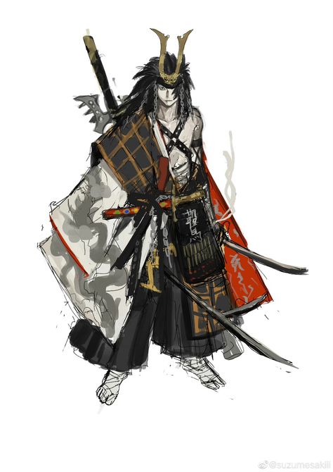 Wandering Samurai Character Art, Oni Clothes Design, Blue Samurai Armor, Japanese Samurai Character Design, Japanese Kimono Character Design, Oni Drawing Character Design, Japanese Oc Design, Samurai Design Concept Art, Samurai Clothing Character Design