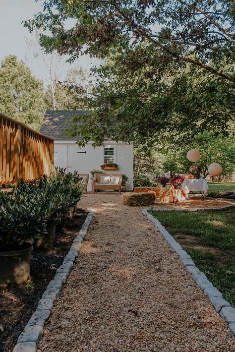 Patio Shed, Pea Gravel Patio, Prefab Sheds, Gravel Patio, Bohemian Farmhouse, Pea Gravel, Old Cottage, Backyard Inspo, Building A Shed