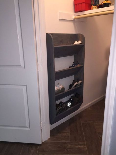 20 Best Shoe Organization Ideas | The Unlikely Hostess Angled Shelves, Garage Shoe, Shoe Storage Bins, Closet Interior, Shoe Storage Small Space, Entryway Closet, Floor Wood, Wood Organization, Hallway Closet