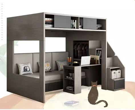 Space saving loft bunk bed Loft Bed With Couch, Bed With Desk Underneath, Desk Closet, Couch Desk, Loft Bunk Bed, Modern Loft Bed, Loft Beds For Small Rooms, Loft Bunk, Bed For Girls Room