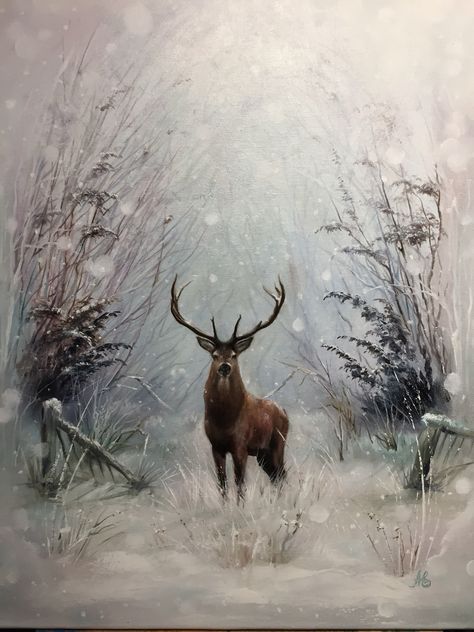 Deer In Snow Painting, Deer Paintings, Painted Window Art, Deer Artwork, Watercolor Art Diy, Painting Snow, Deer Art, Winter Painting, Forest Painting