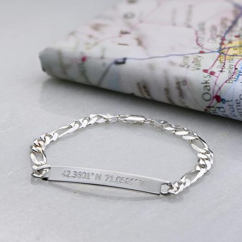 Coordinates ID Bar Men’s Bracelet - Father’s Day Gift for Him, Dad, Husband 🤍 | #coordinates #IDbar #mensjewelry #giftforhim #daddygift #giftforhusband #silver925 #silverbracelet #goldbracelet #location #hubbygift #menbracelet #coordinatebar #giftideas Husband Surprise, Custom Engraved Bracelet, Gifts For Hubby, Bf Gifts, Creative Gifts For Boyfriend, Personalized Gifts For Men, Mens Bracelet Silver, Customized Jewelry, Men's Bracelet