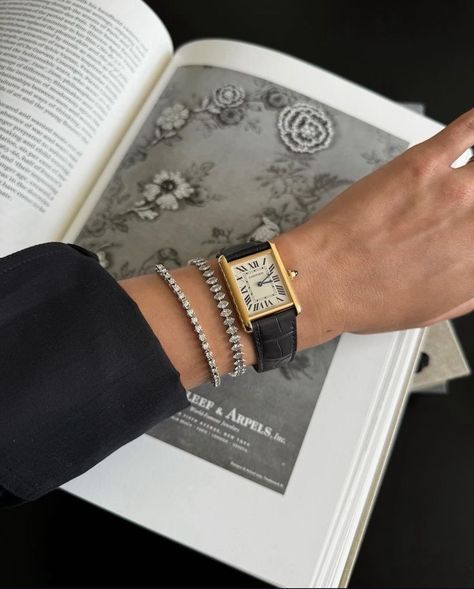 Diamond Tennis Bracelet Stack, Tennis Bracelet Stack, Watch Stack, Cartier Tank Watch, Cartier Gold, Tank Watch, Timeless Watches, Cartier Bracelet, Cartier Tank