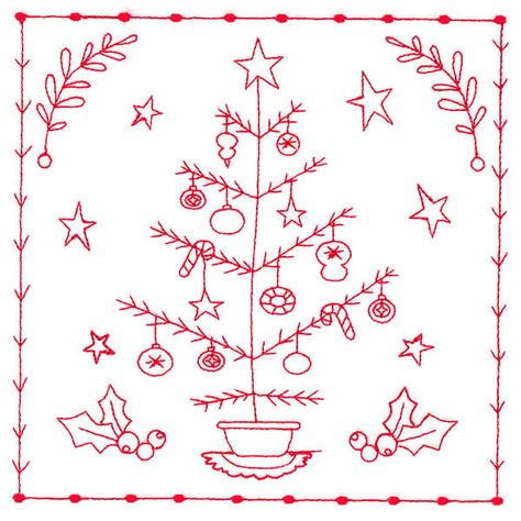 Redwork Embroidery Patterns, Christmas Card Verses, Redwork Embroidery Designs, Redwork Patterns, Winter Christmas Scenes, Christmas Tree Embroidery, Tree Scene, Tree Embroidery, Freestanding Lace Embroidery