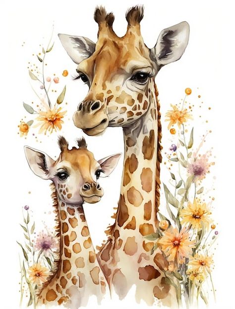 Paintings Of Giraffes, Giraffe Painting Acrylic, Pictures Of Giraffes, Cute Animals Painting, Cute Animal Paintings, Watercolor Animal Paintings, Animal Watercolor Paintings, Photos With Animals, Giraffe With Flowers