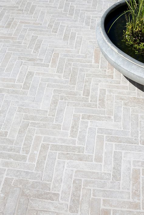 Herringbone Paving Patio, Limestone Patio Ideas, Outdoor Paving Ideas, Tiled Porch, Limestone Pavers, Limestone Paving, Paving Ideas, Porch Tile, Outdoor Pavers