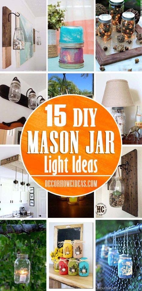 Best Mason Jar Light Ideas. DIY Mason Jar Light with these easy tutorials. Add more light and charm to your home. #diy #masonjar #lights #decorhomeideas Mason Jar Decorating Ideas, Jars With Lights Inside, Mason Jar Candles Diy, Diy Mason Jar Ideas, Mason Jars With Lights, Diy Mason Jar Decor, Hanging Mason Jar Lights, Mason Jar Fairy Lights, Mason Jar Solar Lights