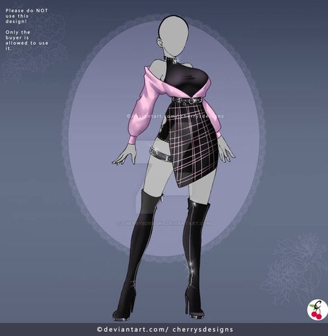 Anime Oc Outfits, Villain Outfits Female Drawing, Tokyo Arcade, Cherrysdesigns Deviantart, Outfit Adoptables, Oc Outfits, Dress Design Drawing, Clothing Design Sketches, Fandom Outfits