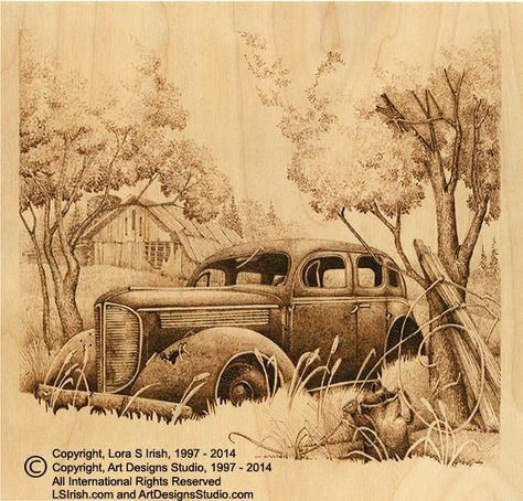 Pyrography Contrasting Tonal Values by Lora Irish – Classic Carving Patterns Pyrography Tutorial, Images Victoriennes, Wood Burning Tips, Pyrography Designs, Wood Burn Designs, Pyrography Patterns, Wood Burning Tool, Woodburning Projects, Old Truck