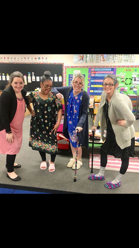 Teachers dress up for the 100th day of school Future Day Spirit Week Ideas, 100th Day Of School Dress Up Teacher, Dress Like Your 100 Years Old, 100th Day Of School Teacher Outfit, Teacher 100th Day Costume, 100 Days Of School Dress Up Teachers, 100th Day Of School Outfit, 100th Day Of School Dress Up, 100 Days Of School Dress Up