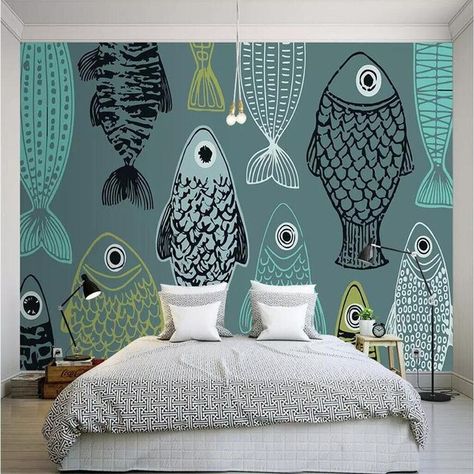 Fish Mural Wall Art, Fish Mural Art, Wholesale Wallpaper, Minimalist Mural, Cartoon Mural, Fish Mural, House Kids Room, Bathroom Mural, Fish Cartoon