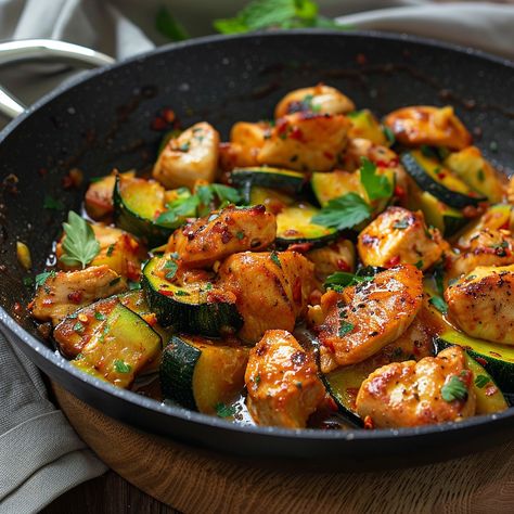 Chicken Zucchini Stir-Fry with Soy Sauce Ingredients : - 400g chicken breasts, cut into cubes - 2 zucchini, cut into slices - 2 cloves of garlic, minced - 2 tablespoons of olive oil - 3 tablespoons of soy sauce - 1 tablespoon of honey (or maple syrup) - Sesame seeds for garnish (optional) - Salt and pepper to taste Instructions : 1. In a frying pan, heat the olive oil over medium heat. 2. Add the diced chicken and brown them on all sides. 3. Add the minced garlic and sauté for about 1 minut... Soy Sauce Stir Fry, Zucchini Stir Fry, Chicken Zucchini, Diced Chicken, Skillet Meals, Sesame Seeds, Frying Pan, Chicken Breasts, Minced Garlic