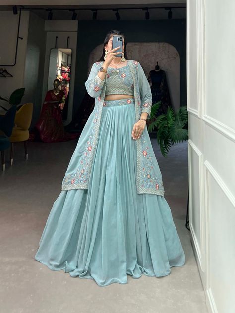 Sky Blue Lehenga, Plain Lehenga, Blue Lehenga Choli, Indo Western Lehenga, Zip Stitching, Ready To Wear Lehenga, Western Lehenga, Chaniya Choli Designs, Embroidery Work Blouse