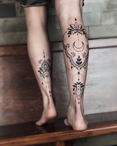 Henna Calf Tattoo, Calf Ornamental Tattoo, Back Calf Tattoo, Back Of Calf Tattoos For Women, Calf Tattoo Design, Ornamental Leg Tattoo, Henna Leg Tattoo, Achilles Tattoo, Calf Tattoos For Women