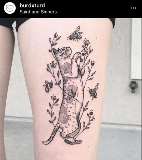 Nature Cat Tattoo, Cat Elbow Tattoo, Cat Nature Tattoo, Patchwork Cat Tattoo, Boho Cat Tattoo, Cat Themed Tattoo, Spiritual Cat Tattoo, Whimsical Cat Tattoo, Cat Tattoo Forearm