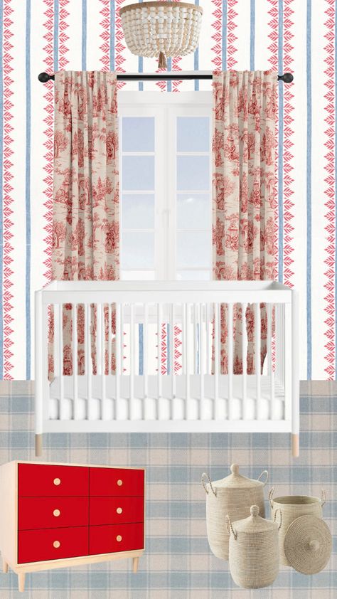 Red Blue Nursery, Pink And Red Nursery, Red Toile Curtains, Americana Nursery, Blue Nursery Girl, Kids Room Boy, Nursery Bright, Colorful Baby Nursery, Nursery Colorful