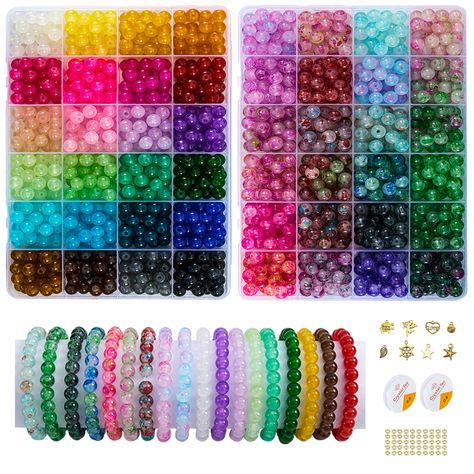 PRICES MAY VARY. 【Great Value Set】Our glass bead kit comes with more than 1440 pieces of crystal glass beads with holes in 48 vivid colors,30 glads beads per color,100pcs gold spacer beads,8pcs charm pendants and 2pcs crystal elastic strings，enough quantity to meet your various needs of jewelry making or DIY craft. 【High Quality Glass Beads for Bracelets】These 8mm round glass bead bracelet kit are made of high-quality glass material ,all glass beads have been finely polished that makes each 8mm Crystal Bracelet Kit, Beads For Bracelets Kit, Glass Beaded Bracelets Diy, Glass Bead Bracelet Ideas, Bead Bracelet Kit, Beads Aesthetic, Beading Kits, Bead Types, Beads Kit