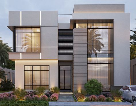 Modern Villa Facade Exterior Design, Villa Facade Design Architecture, Villa Modern Exterior, Modern Villa Exterior Facades, Villa Facade Design Modern, Modern Villa Design Exterior, Modern Houses Architecture, Modern Villa Architecture, Modern Facade Design