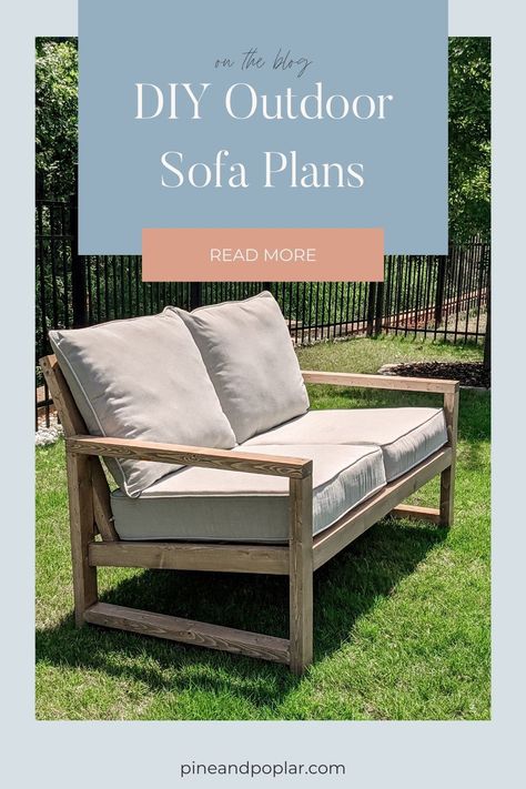 Make your own outdoor furniture with this step-by-step tutorial! This DIY sofa is designed to be extra comfortable with a slanted back and deep cushions. How To Build Outdoor Couch, Deep Seated Outdoor Furniture, Diy Modern Outdoor Furniture, Outdoor Loveseat Diy, Building Outdoor Furniture, Diy Outdoor Loveseat, Sanctuary Outdoor, Outdoor Sofa Plans, Diy Privacy Wall